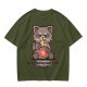 Olive t-shirt with a raccoon eating snacks and 'powered by pure spite and snackies' text