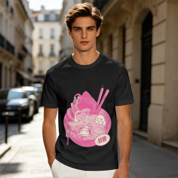 Oversized dark green t-shirt with cute pink ramen bowl graphic