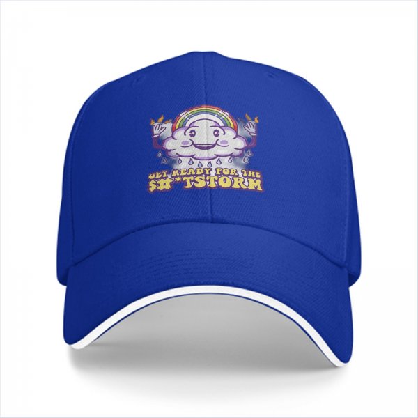 Black baseball cap with funny cloud rainbow storm graphic