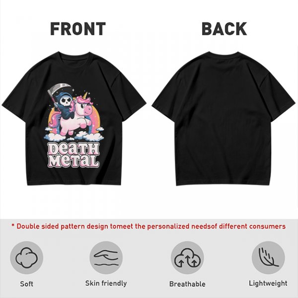Olive t-shirt with cute grim reaper riding unicorn and death metal graphic