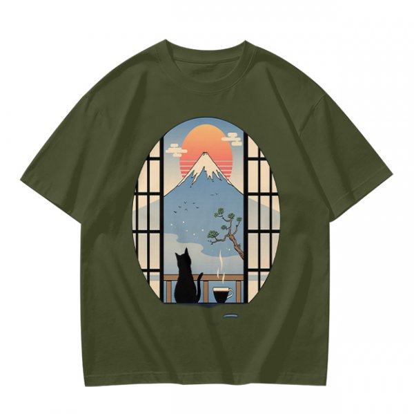 Olive T-shirt with Black Cat Viewing Mount Fuji Sunrise Art