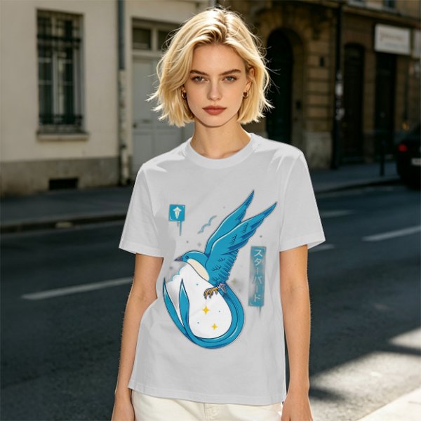 Olive T-shirt with Blue Star Bird and Japanese Graphic Print