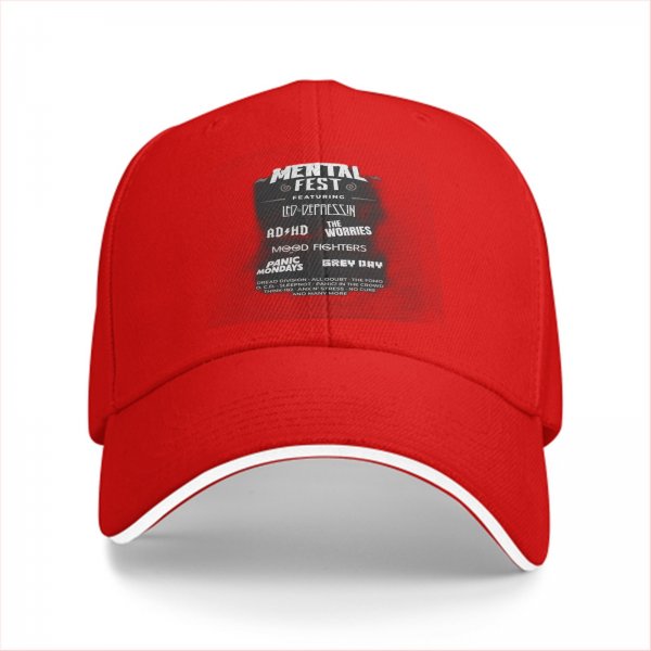 Black baseball cap with Mental Fest themed band-style print