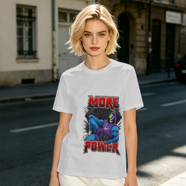 Olive Graphic T-Shirt with 'MORE POWER' and Muscular Skeleton Character