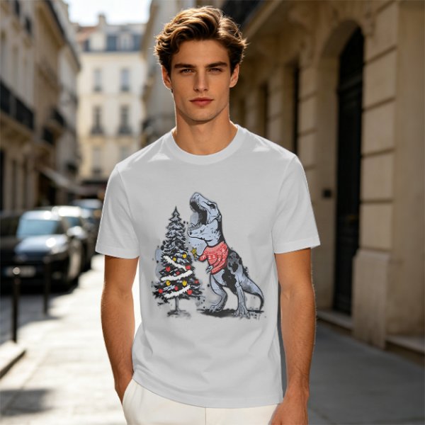 Olive T-shirt with T-Rex in Christmas sweater decorating a tree