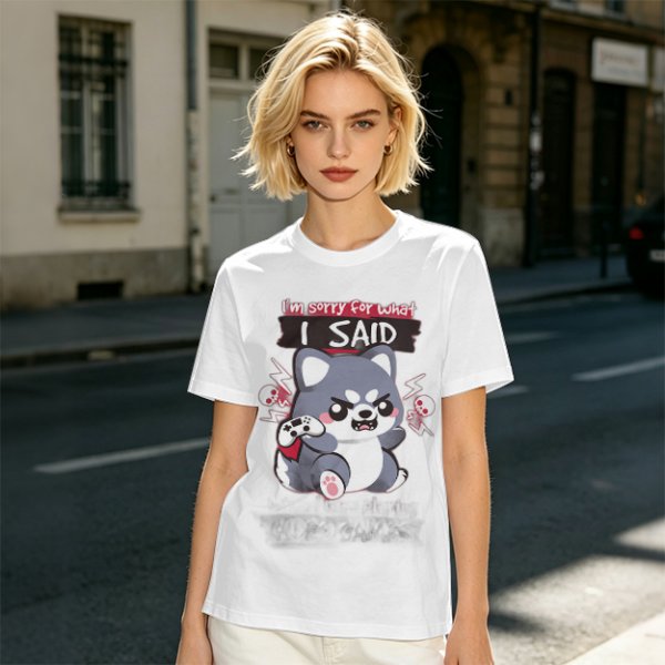 Olive t-shirt with angry gaming wolf graphic and funny apology text