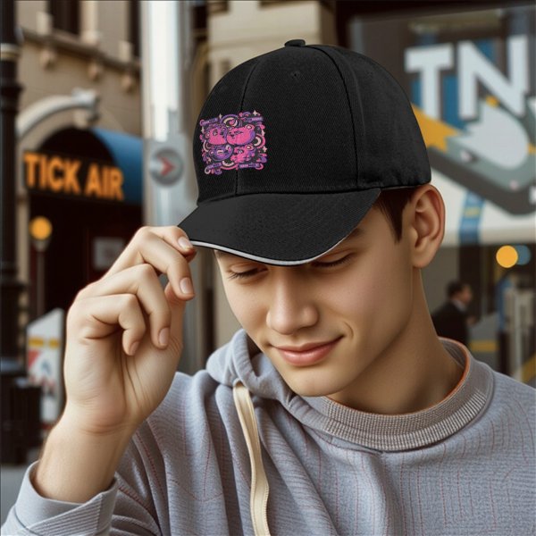 Black baseball cap with pink and purple bear graphic print