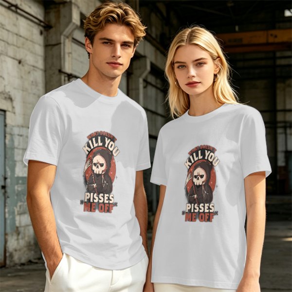 Olive t-shirt with grim reaper graphic and provocative text