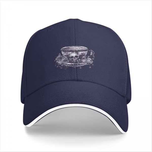Black baseball cap with gothic teacup skull and rose print