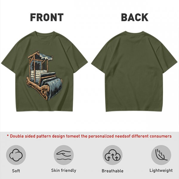 Olive T-Shirt With Rustic Wooden Cart Print