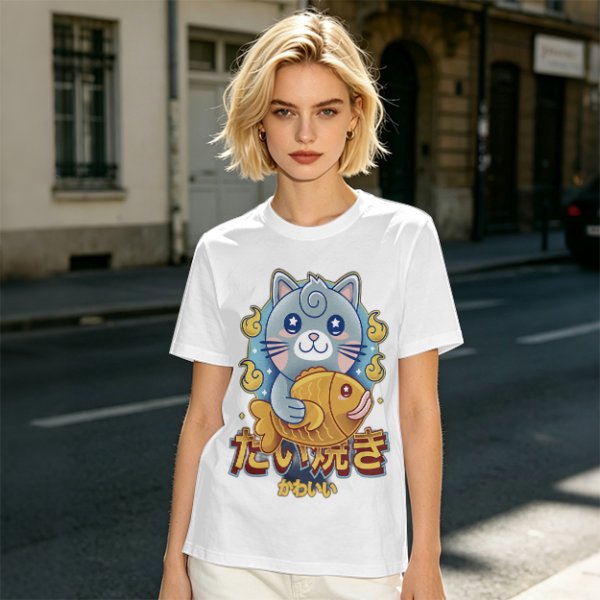 Olive green t-shirt with cute gray cat holding taiyaki graphic