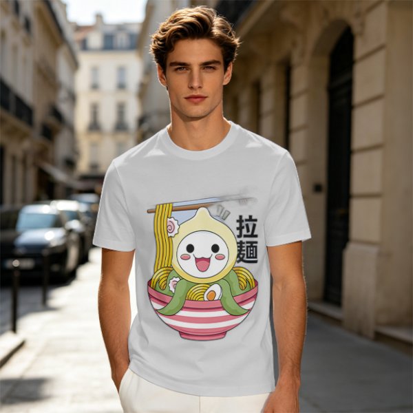 Owl-like character in ramen bowl graphic olive green t-shirt