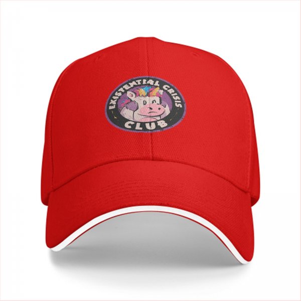 Black baseball cap with Existential Crisis Club sad unicorn graphic