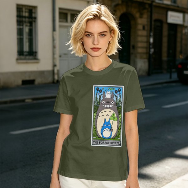 Olive T-shirt with My Neighbor Totoro Forest Spirit Tarot-style Print