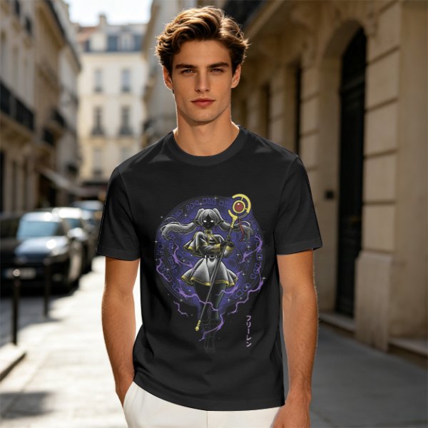 Olive T-shirt with dark anime elf mage holding staff and purple magic circle print