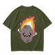 Olive green t-shirt with cute cartoon flaming asteroid graphic