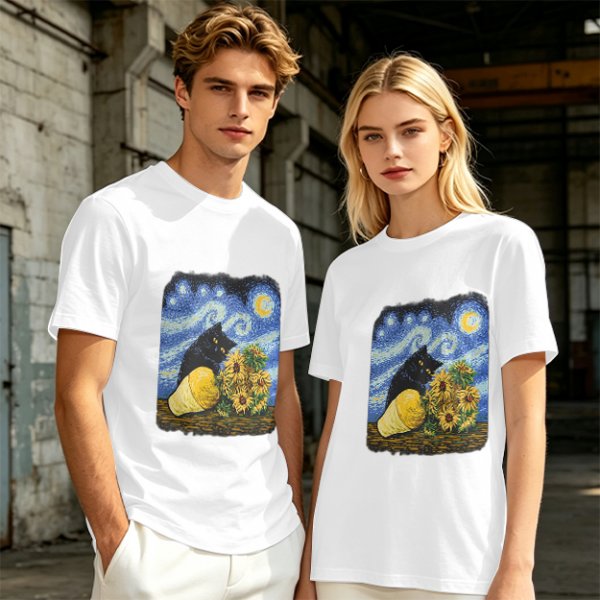 Olive T-Shirt with Starry Night Cat and Sunflowers Art Print