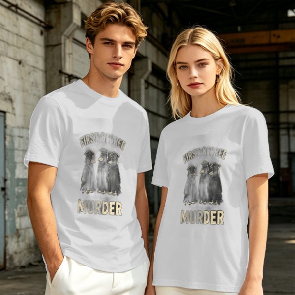 Olive t-shirt with first degree murder crow graduates graphic