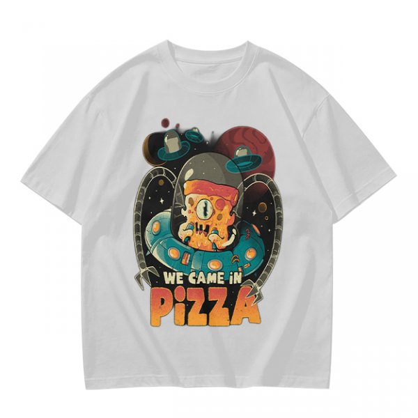 Olive t-shirt with space pizza alien graphic and 'We Came in Pizza' text