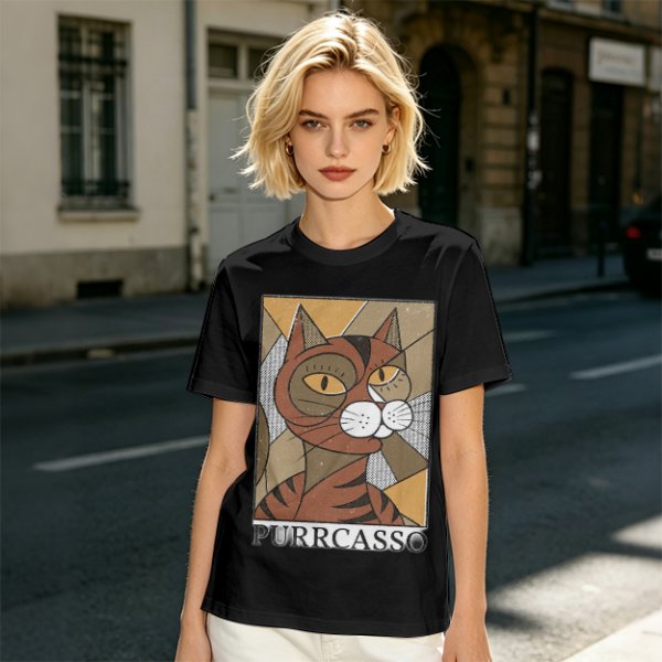 Olive green t-shirt with cubist style cat print and Purrcasso text