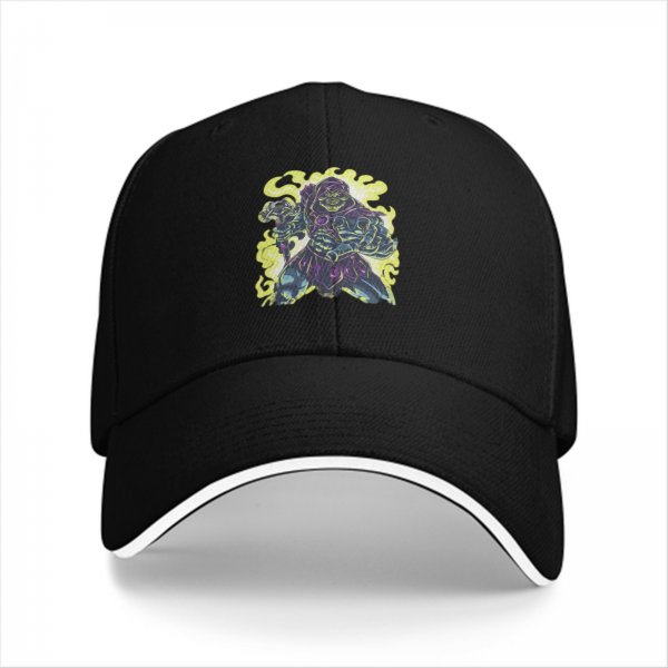 Black baseball cap with villainous fantasy warrior graphic print