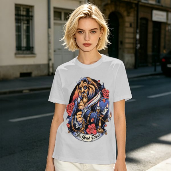 Olive T-shirt featuring The Cursed Prince Beast with roses and candelabra