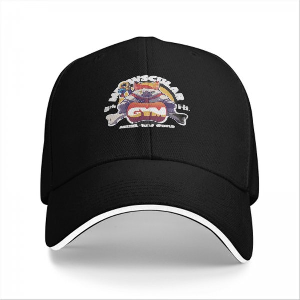 Black Baseball Cap with Muscular Cat Gym Graphic Print