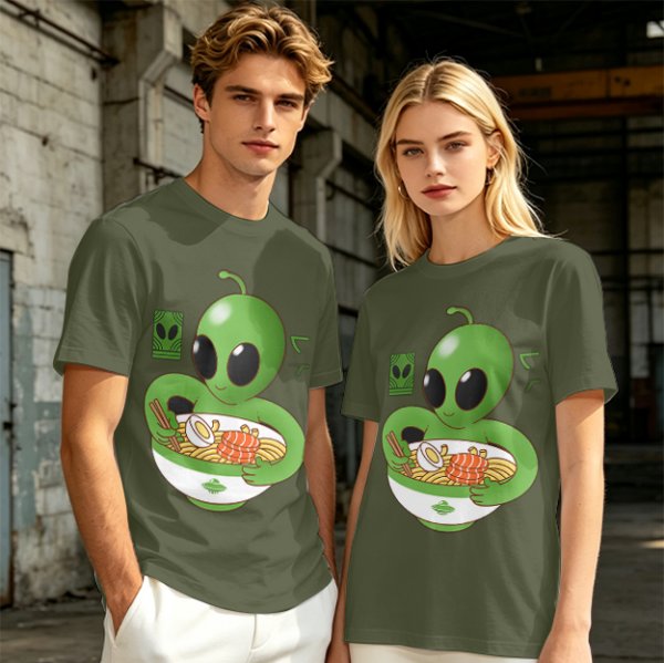 Olive Green T-Shirt With Cute Alien Eating Ramen Graphic