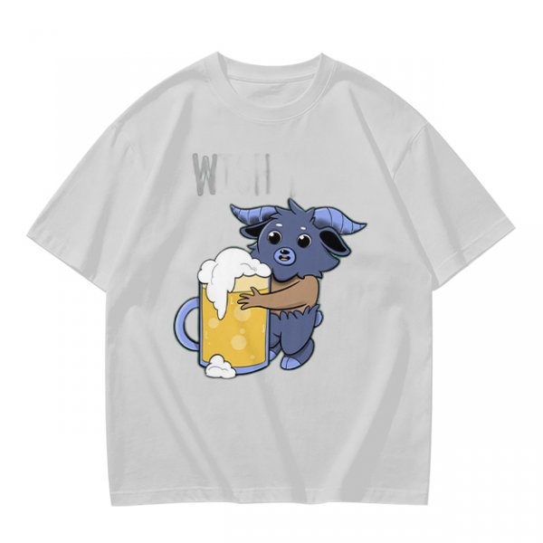 Olive T-Shirt With Cute Blue Goat Holding Foamy Beer Mug Print