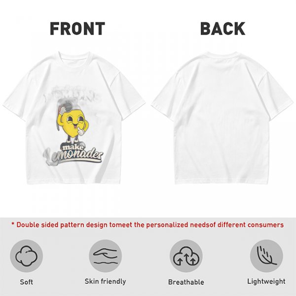 Olive green t-shirt with cheerful lemon mascot graphic and make lemonades text