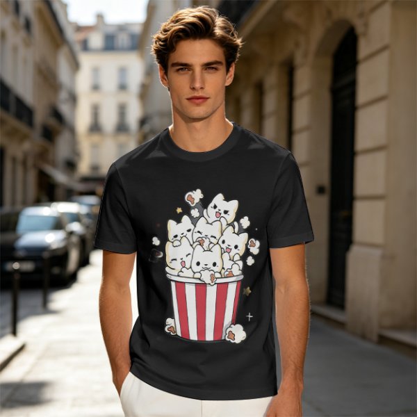 Olive T-Shirt With Cute Kitten Popcorn Bucket Graphic