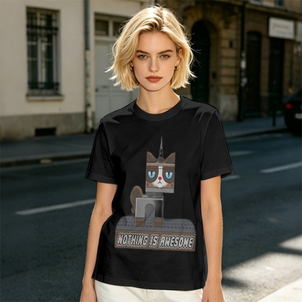 Olive T-Shirt with Grumpy Cat Lego Style 'Nothing Is Awesome' Print