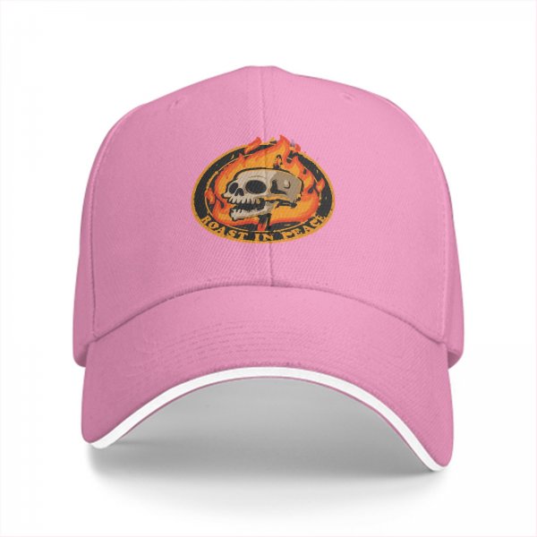 Black baseball cap with roast in peace skull and fire graphic