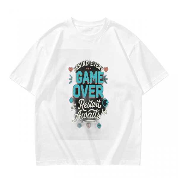 Olive t-shirt with 'Behind Every Game Over A Restart Awaits' gaming print