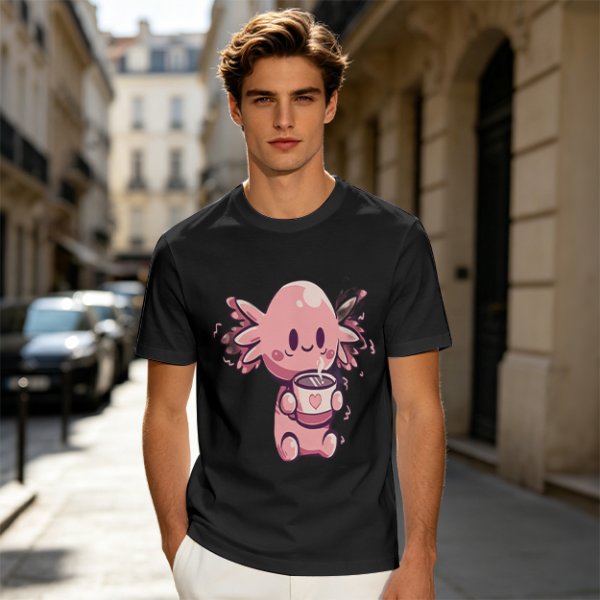 Olive T-Shirt With Cute Axolotl Holding Hot Drink Print