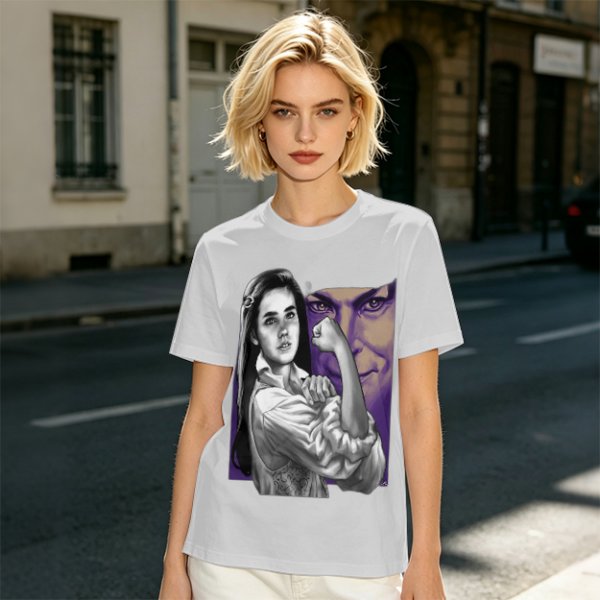 Olive T-shirt with vintage woman flexing arm graphic print