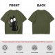 Olive T-shirt with a black cartoon cat holding a bloodied knife