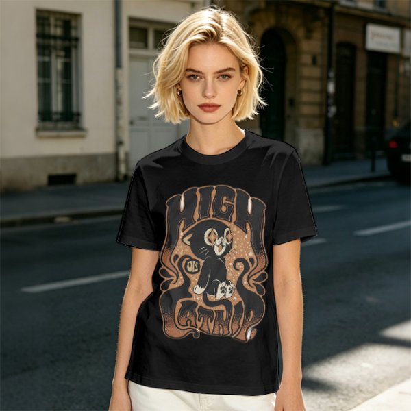 Olive green graphic t-shirt with a high on catip black cat print