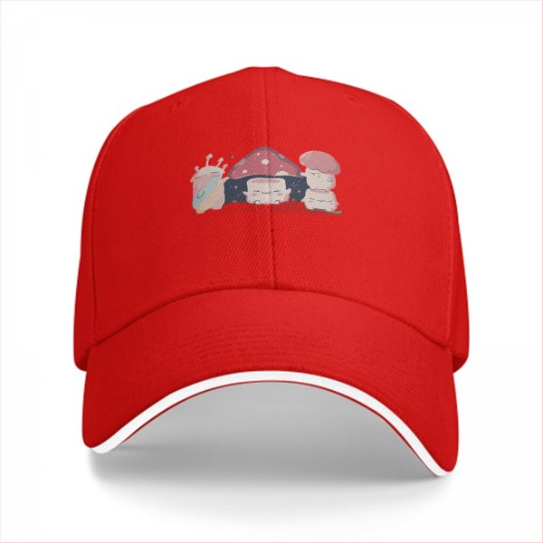 Black baseball cap with cute mushroom creature graphic print