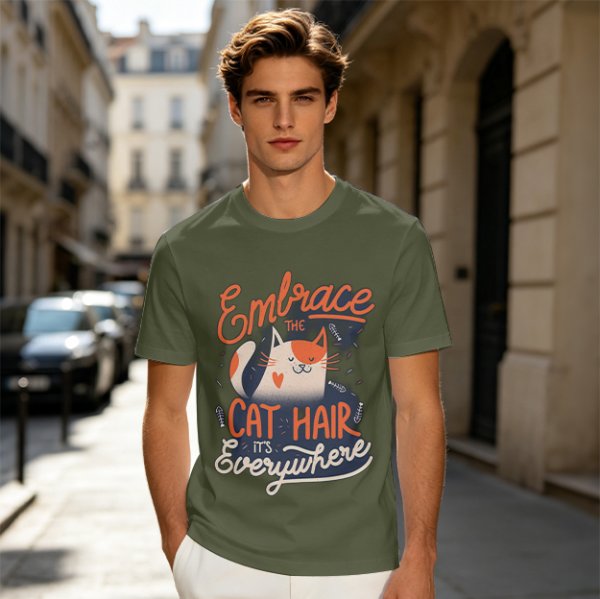 Olive T-Shirt with 'Embrace the Cat Hair It's Everywhere' Cat Graphic