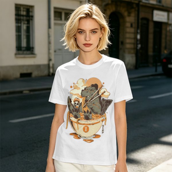 Olive T-Shirt Featuring Godzilla Eating Ramen Noodles