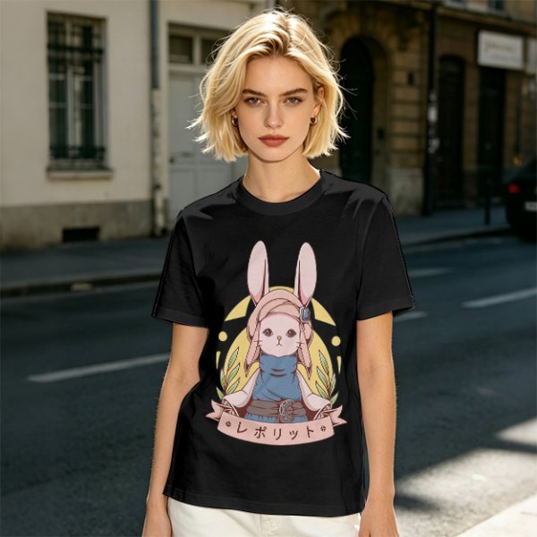 Olive T-shirt with Cute Rabbit Character and Japanese Text Print