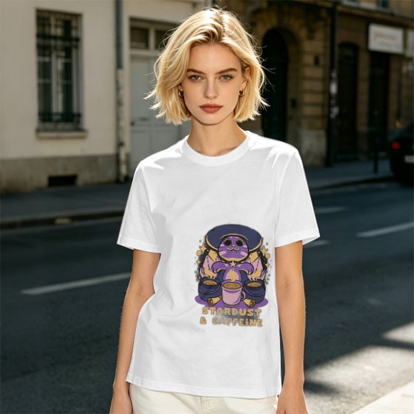 Olive Graphic T-Shirt with Wizard Cat and Stardust & Caffeine Print