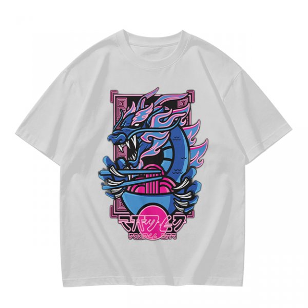 Olive T-Shirt With Neon Blue Dragon Holding Ramen Chopsticks Art
