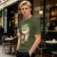 Olive T-shirt with Cute Dinosaur Holding Coffee Print
