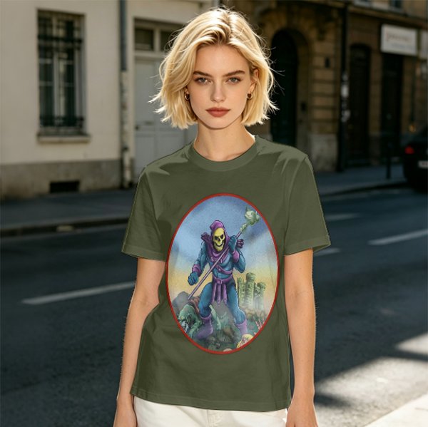 Olive T-Shirt Featuring Skeletor Holding His Havoc Staff