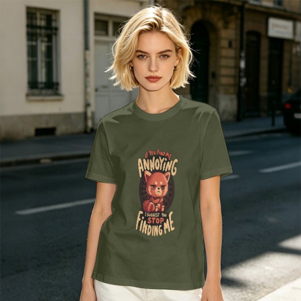 Olive t-shirt with annoyed red panda graphic and funny text
