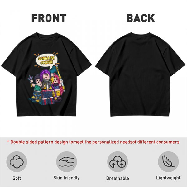 Olive T-shirt with Lego-style characters and 'Gonna Be Golden' print