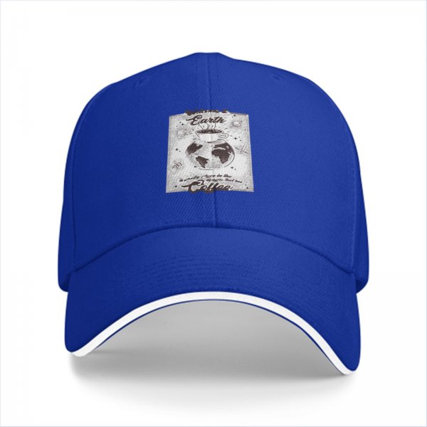 Black baseball cap with earth and coffee themed graphic print