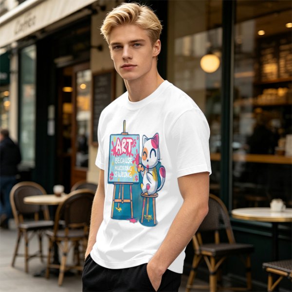 Olive T-Shirt With Cute Artist Cat Art Because Murder Is Wrong Print